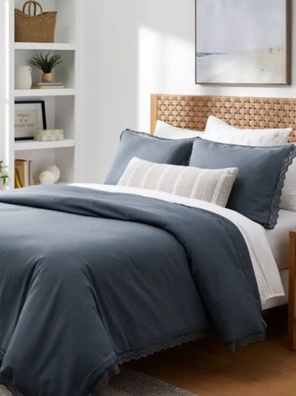 Studio McGee Threshold Navy Lace Border Cotton Slub Duvet Cover